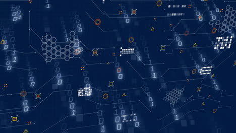animation of digital network with binary code and geometric shapes on blue background