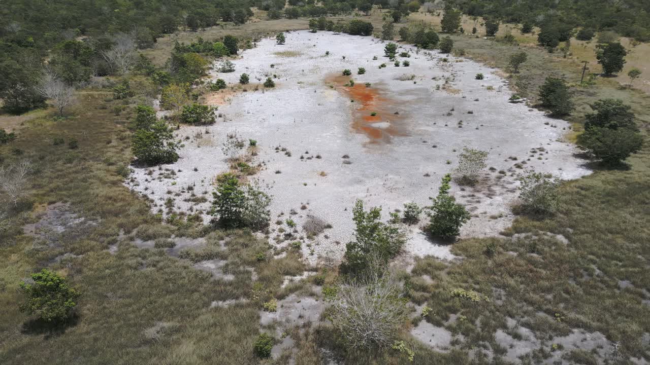 Tropikal Cerrado savan biyomunun kalbinde, kurak mevsimin en yoğun olduğu dönemde, Goiás, Brezilya'daki beyaz, mineral kabuklu kuru bir lagüne doğru inişi yakalayan havadan genel çekim