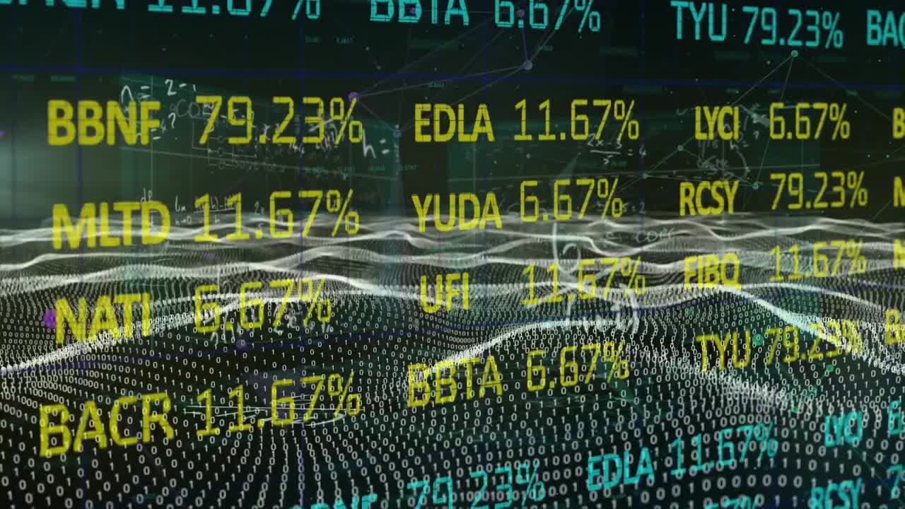 This animation depicts a digital landscape of binary code on a black background