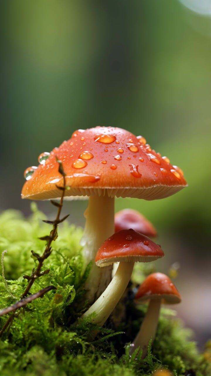 Group of Red Mushrooms Growing on Mossy Forest Floor