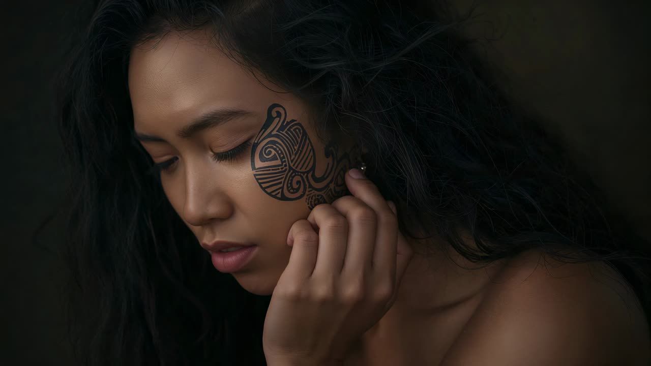 Modello in studio che inclina la testa toccandosi la mascella mentre la luce cambia, mostrando un tatuaggio sulla guancia, una goccia di perla, senza spalline