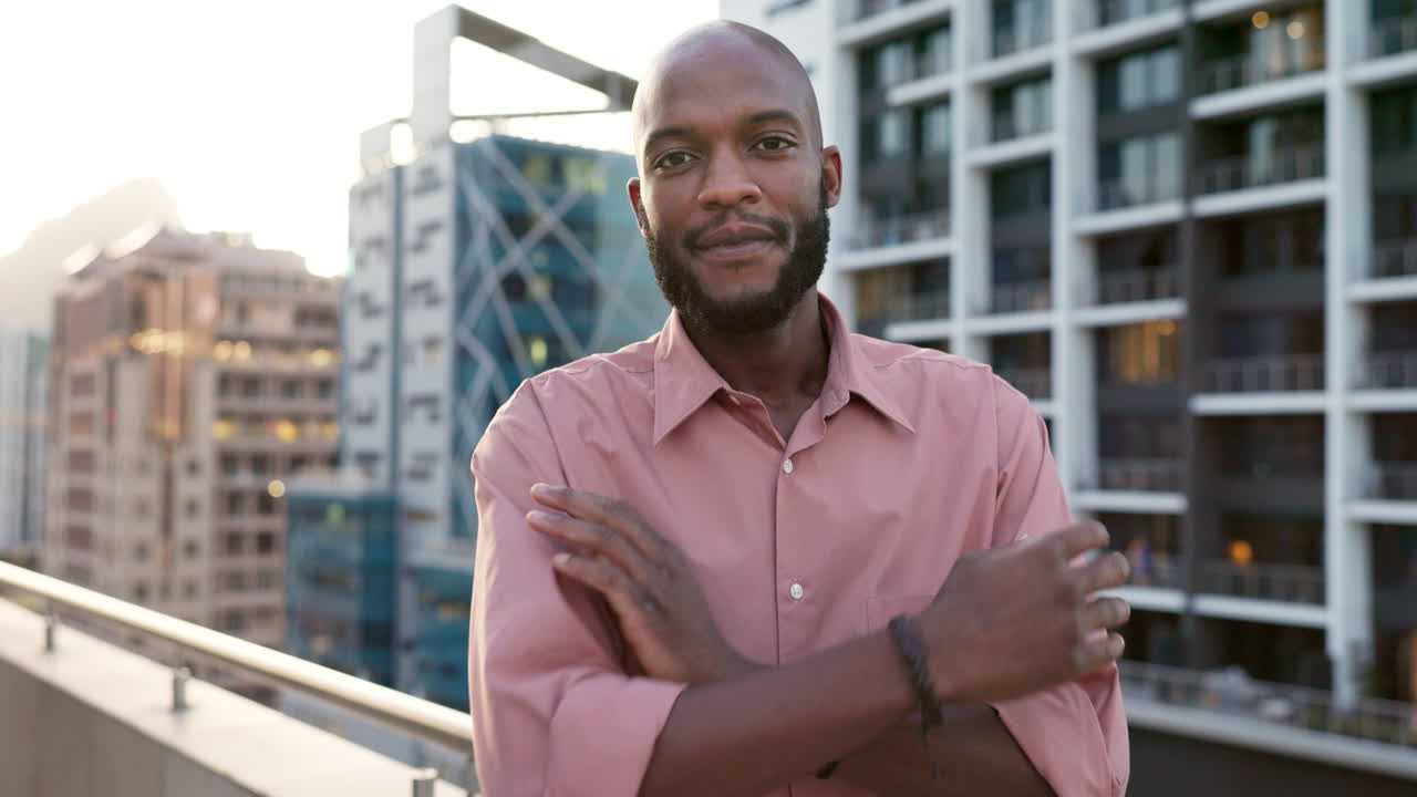 Crossed arms, smile and face of black man