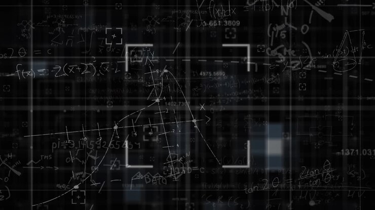 Animation af matematiske ligninger og formler, der svæver over et gitter netværk på sort baggrund