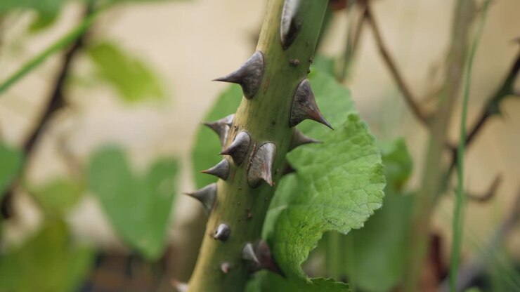 Thorns on rose stem, close up, panning vertical