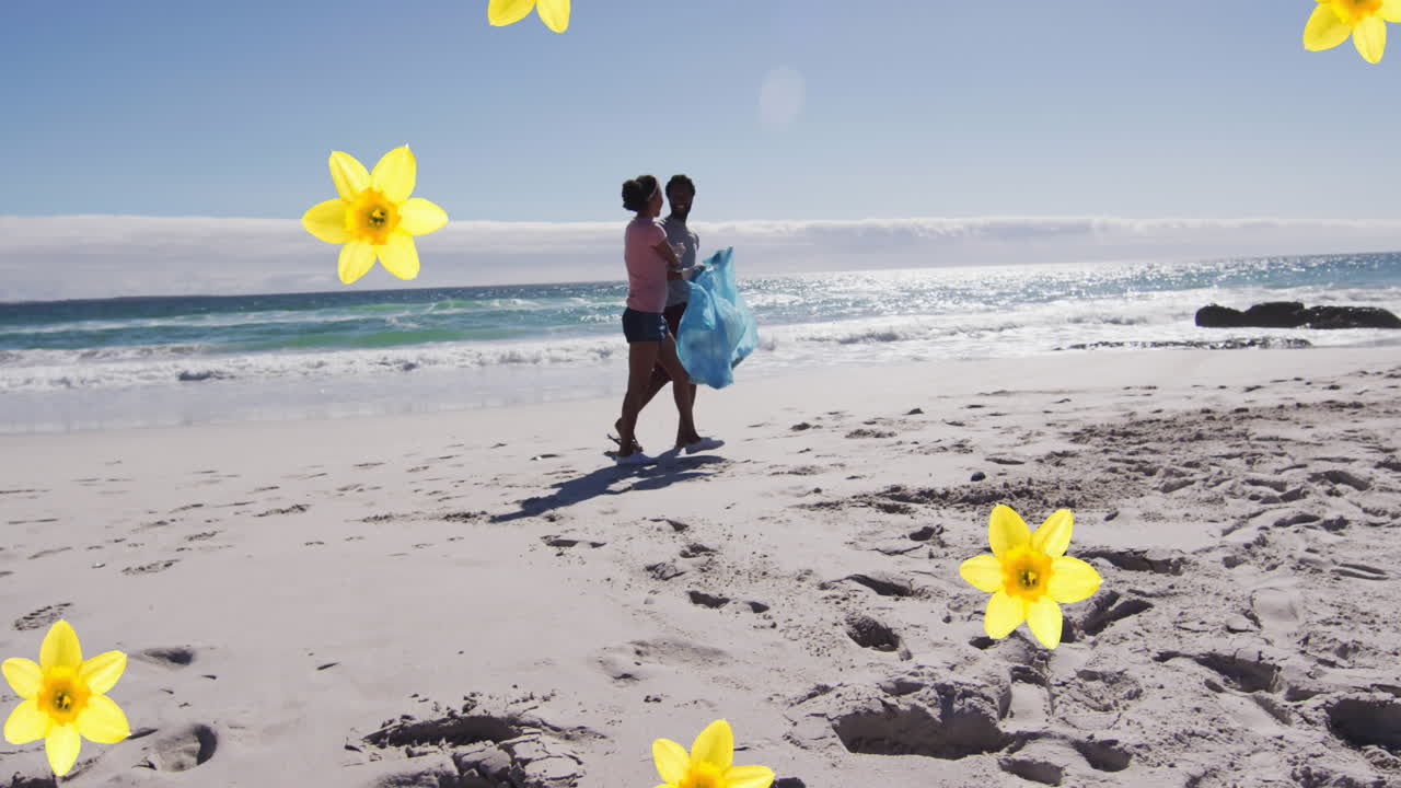 해변에서 고 쓰레기를 수집하는 아프리카계 미국인 부부 위의 난초의 애니메이션