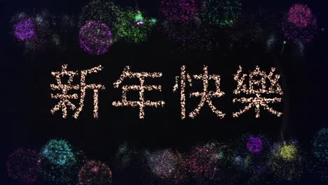 animation of happy new year text greetings over fireworks