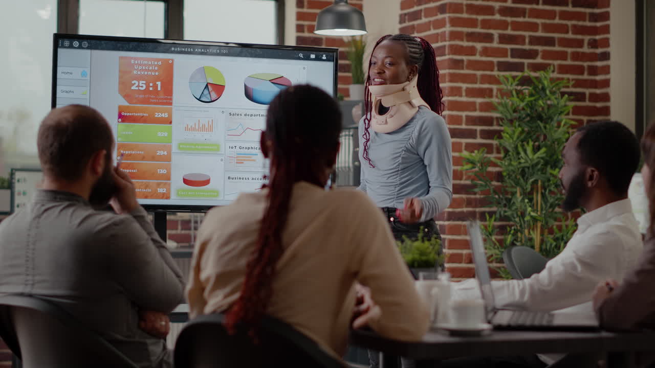 African american woman wearing cervical collar to recover from injury