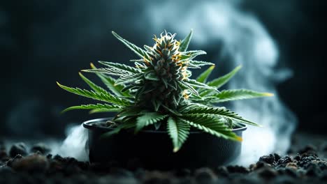 dark cannabis plant with smoke. a cannabis plant with vibrant leaves and buds sits in a black bowl, surrounded by atmospheric smoke in low light.