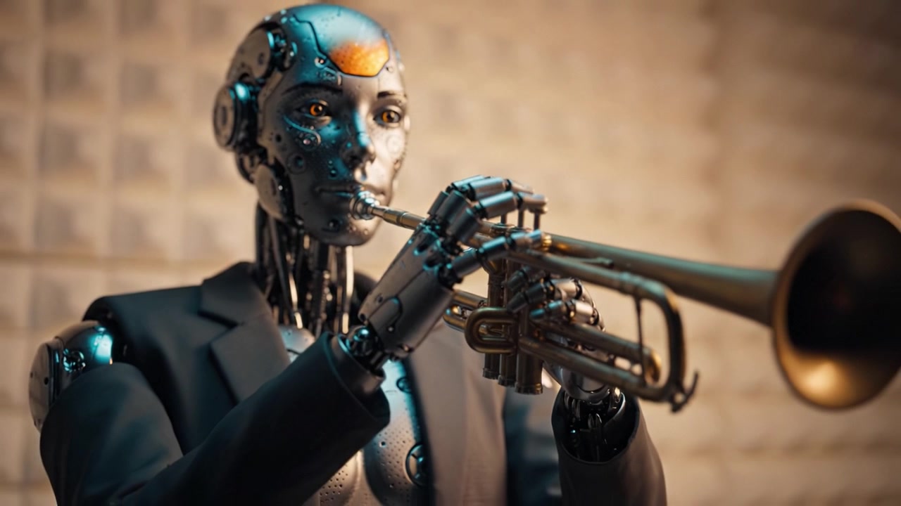 A humanoid robot expertly plays a trumpet, showcasing intricate mechanical design and artistry in a musical environment, blending technology and creativity seamlessly.