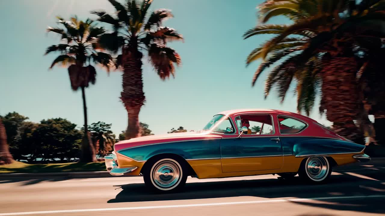 Oldtimer, der eine palmengesäumte Straße entlangfährt, eingefangen in einer dynamischen Untersicht, die ein Retro-Gefühl hervorruft.