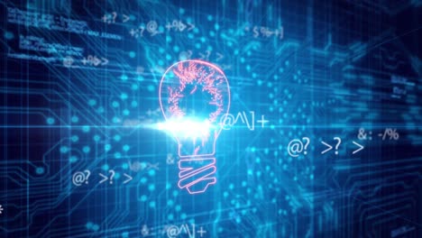 Animation of math symbols and bulb over blue background with integrated circuit
