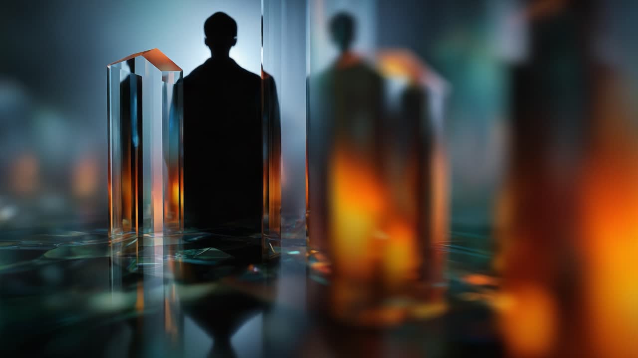 Una figura misteriosa avvolta da una luce eterea si riflette tra strutture di vetro frastagliate in un ambiente sublime e surreale di tonalità calde e ombre morbide.