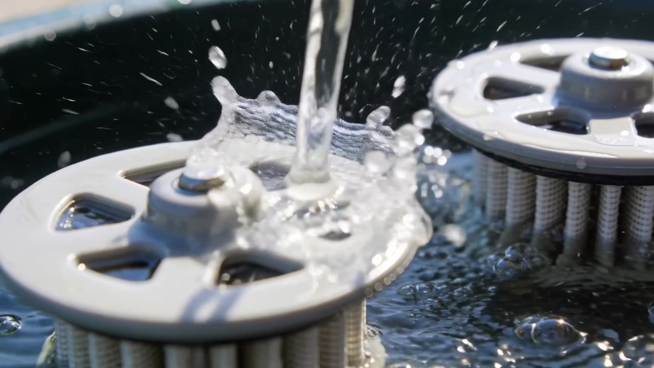 黒い洗面器の中で垂直に注がれる水の流れが白い回転部品に当たり、王冠状の水しぶきを立てる。