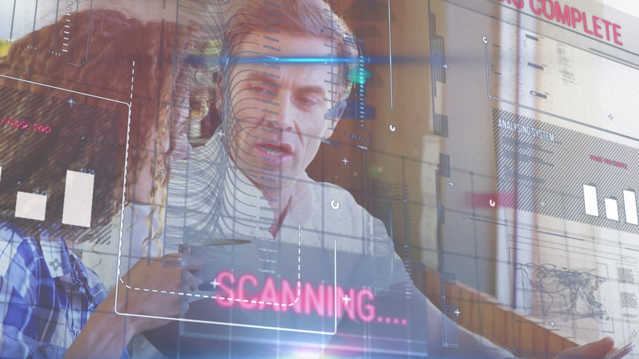 Animation of financial data processing over caucasian couple using tablet