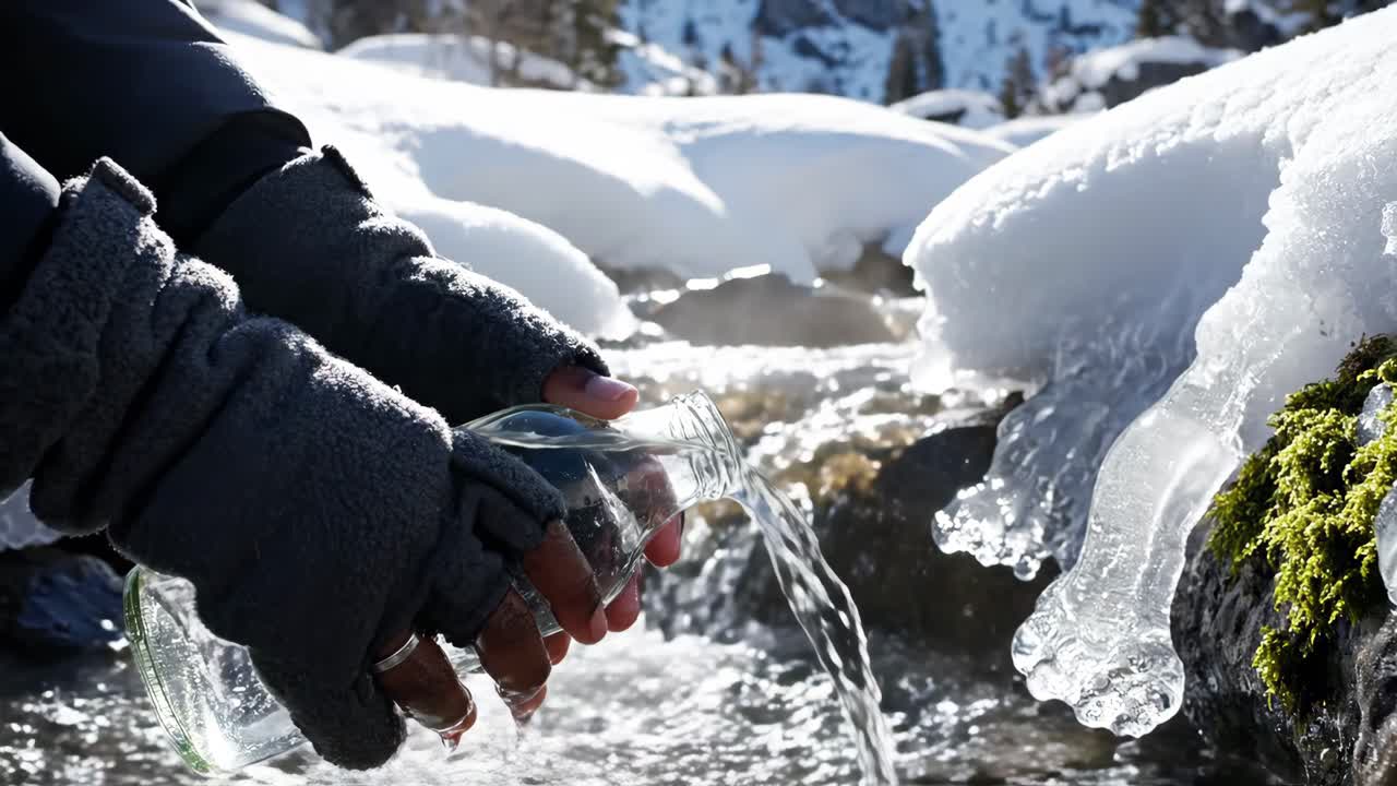 Collecting Water from a Mountain Stream in Winter