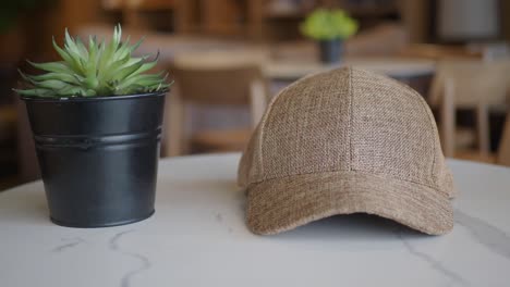 gorra de béisbol de lino marrón en una mesa con una planta