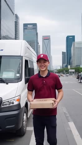 delivery man with box standing next to van