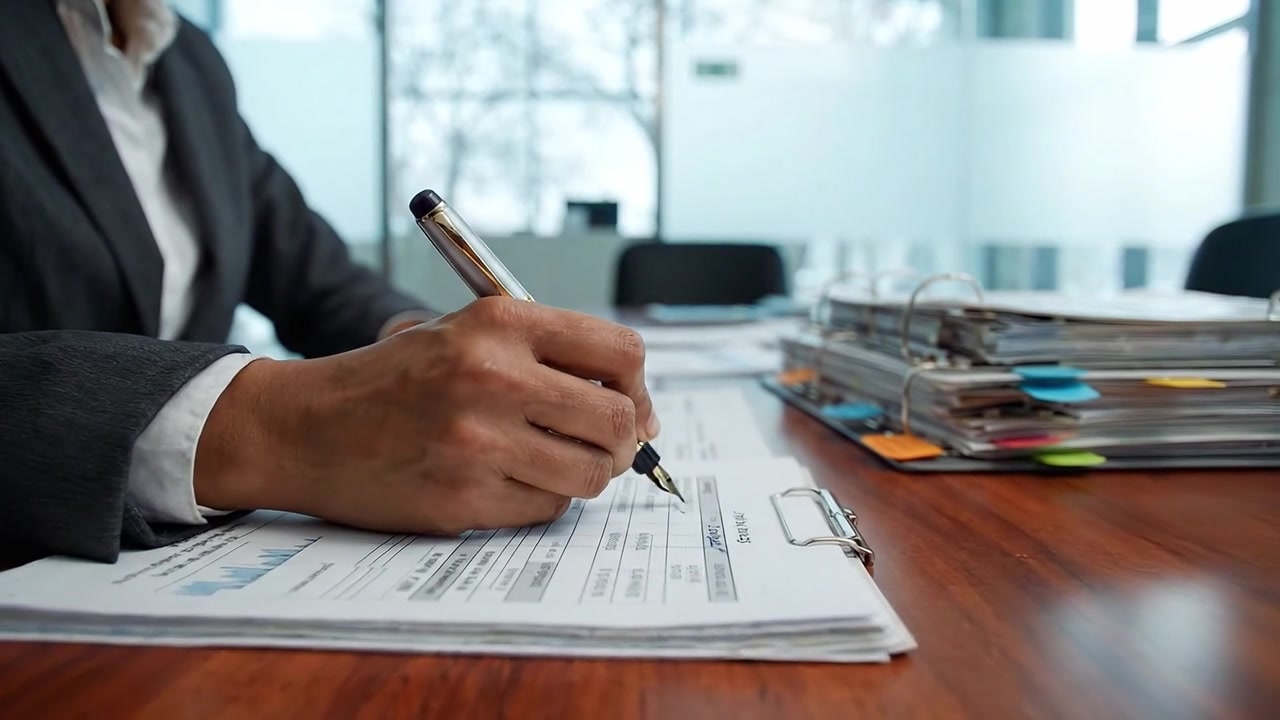Individuo impegnato nella revisione e firma di documenti in un moderno spazio di lavoro d'ufficio, circondato da cartelle e scartoffie per una gestione efficiente delle attività.