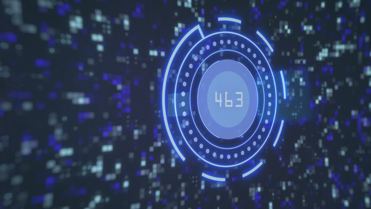 Digital counter displaying 985 with futuristic blue circular interface animation