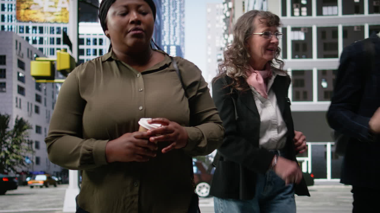 Diverse pedestrians crowd crossing street during morning commute