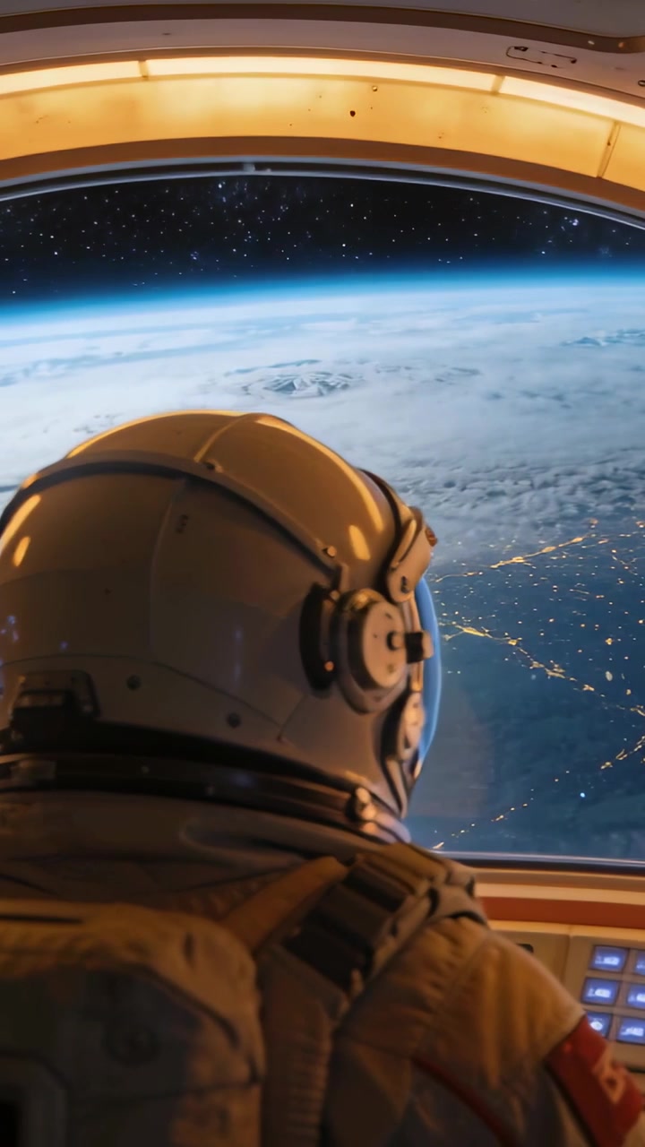 Vídeo vertical: Astronauta ilustrado com traje espacial virando-se para uma janela oval na cabine, vista da Terra mostrando um painel.