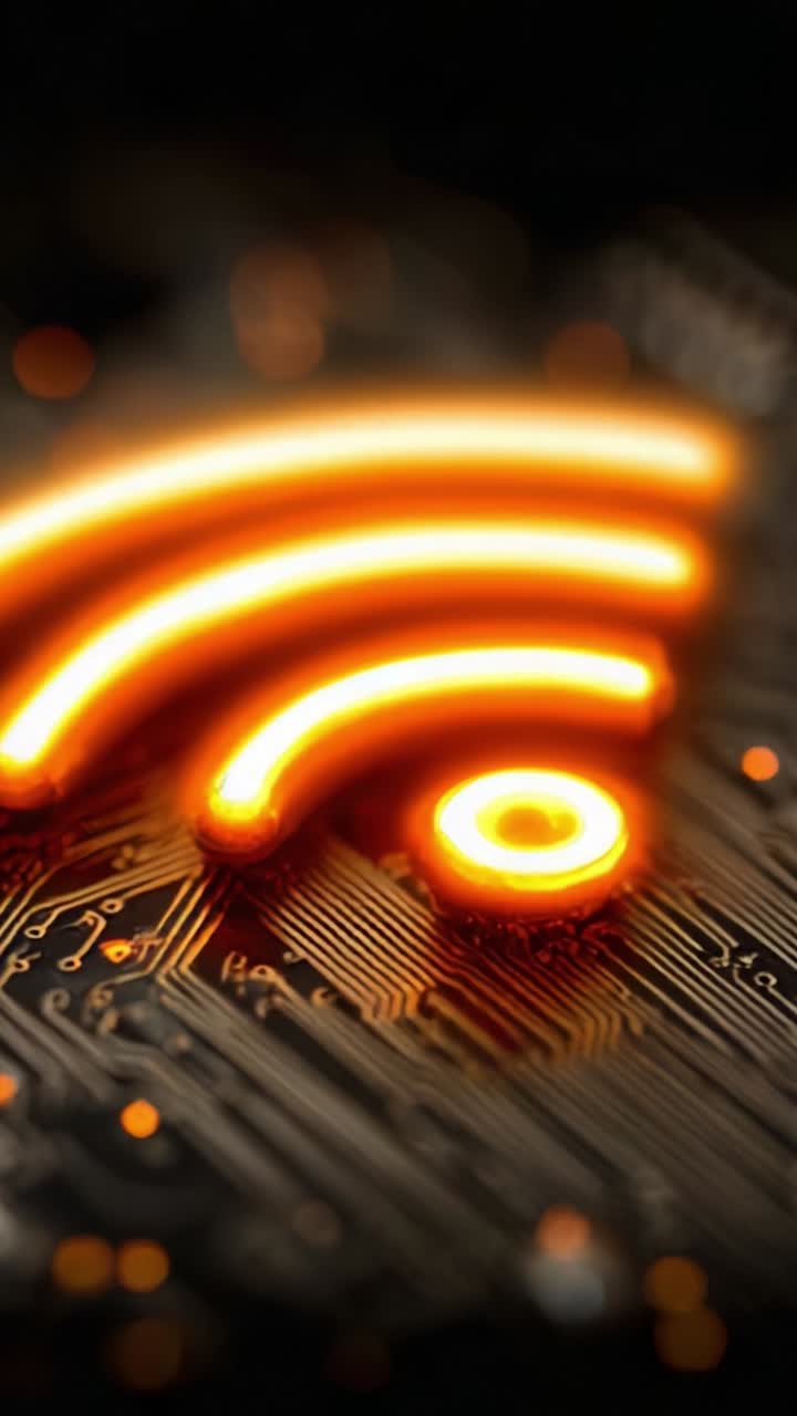 Illuminated Wireless Signal Icon Against a Circuit Board Background Emphasizing Connectivity and Technology in the Digital Age