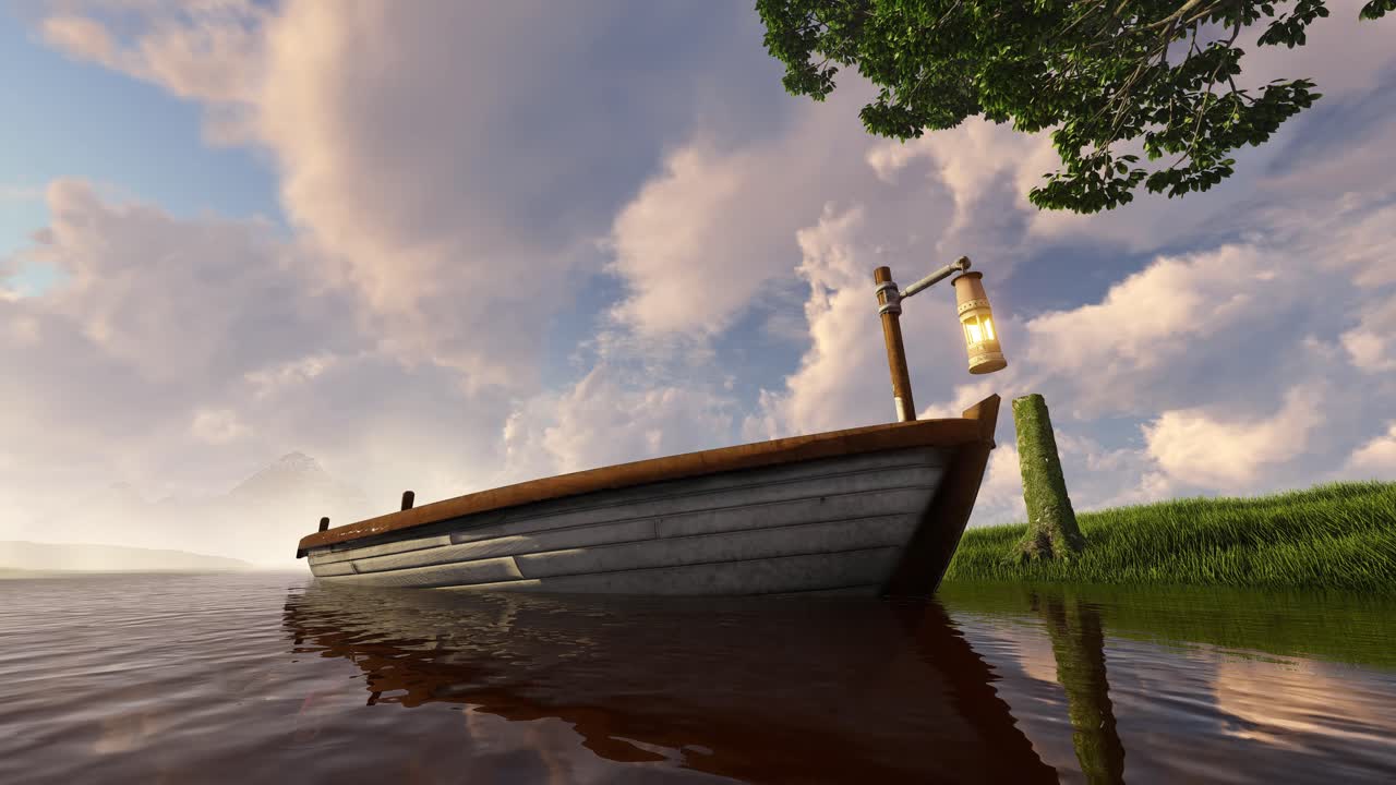 Tranquil Lakeside Boat at Sunset