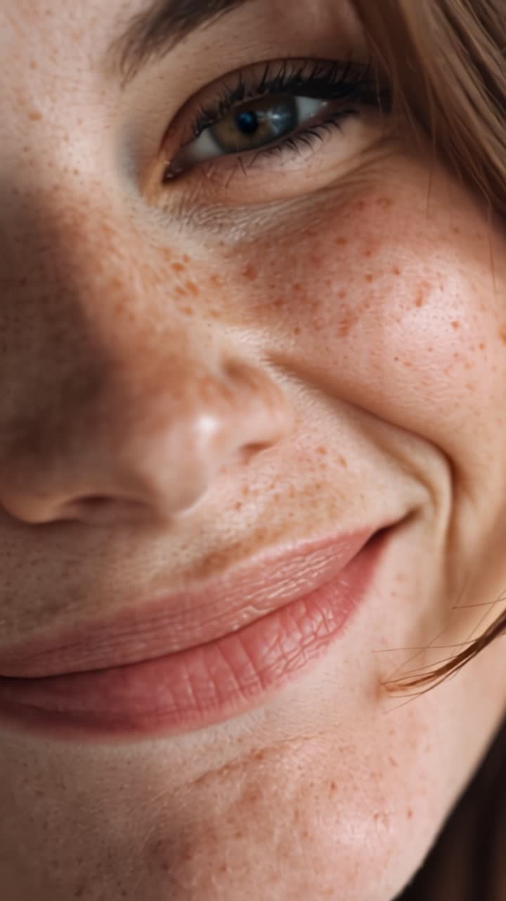 Primo piano accattivante di una giovane donna sorridente, che mostra lentiggini e una pelle radiosa, irradiando gioia e sicurezza sotto la luce naturale.