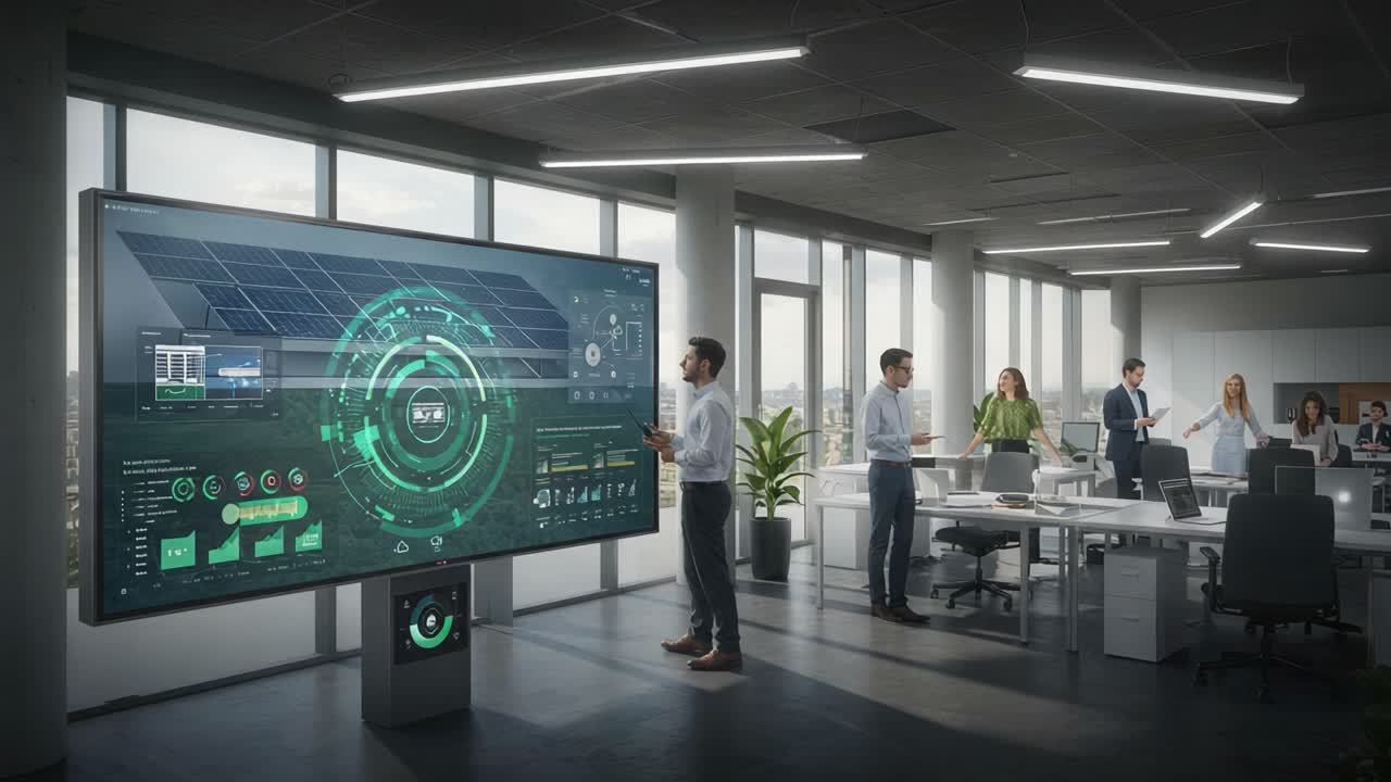 A Dynamic Office Environment Featuring Advanced Technology and Collaborative Workspaces, Showcasing Innovative Displays and Professional Interaction Among Colleagues