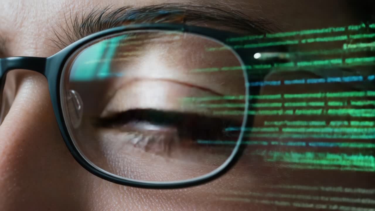 A Close-Up View of a Person's Eye Behind Glasses, Featuring Digital Code Reflections That Enhance the Technological Aesthetic and Focus on Vision and Data Awareness