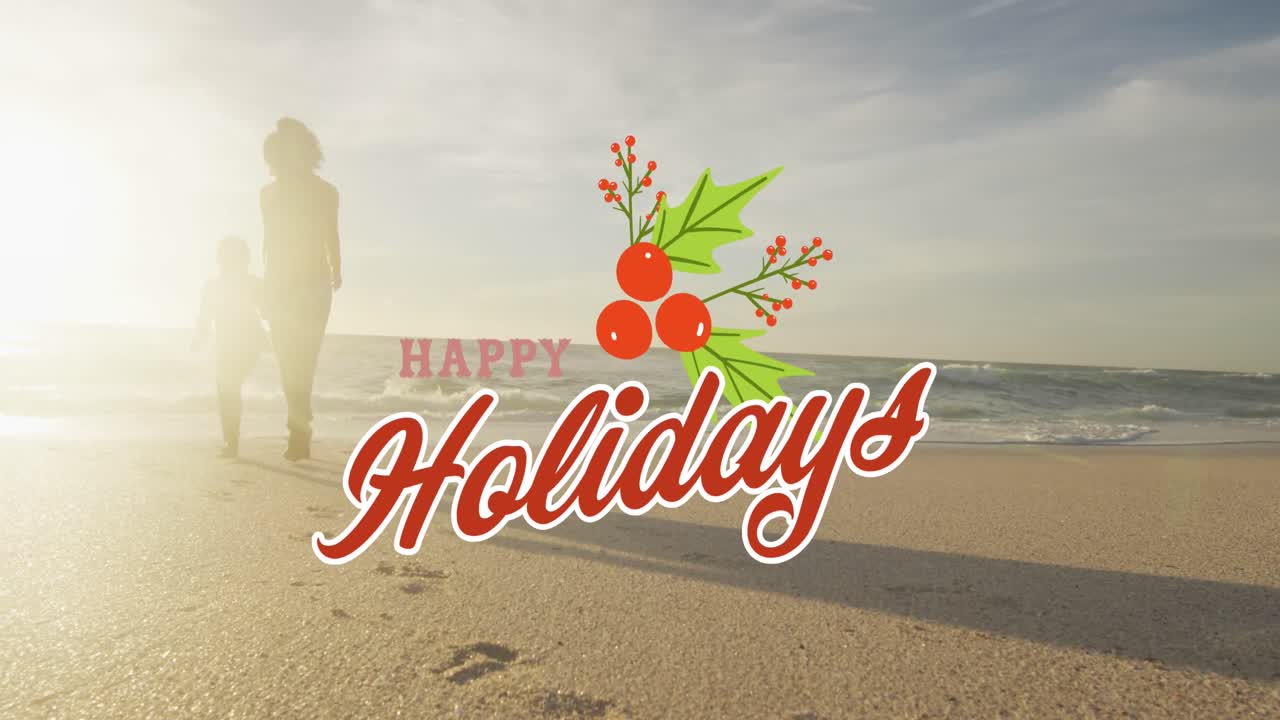 해변에서 양색 어머니와 딸에 대한 행복한 휴일 문자 애니메이션