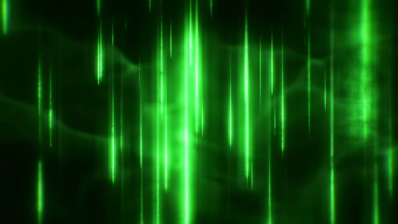 Emerald Light Streaks Falling Over Dark Void, Vertical Neon Beams With Digital Shimmer And Subtle Particle