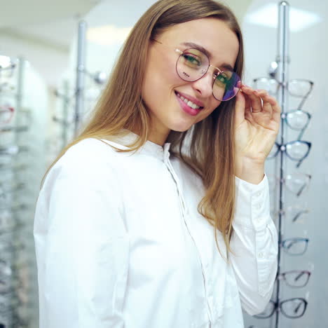 fashionable eyeglasses in female's hands. attractive young woman putting on new spectacles and smiling on camera at optics.