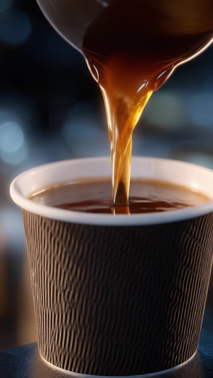 Una tazza di caffè perfetta: versamento di liquido scuro appena preparato in una tazza di carta testurizzata, catturato con dettagli vibranti e un'atmosfera di sfondo luminosa