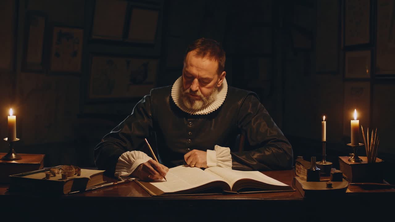 A historical video scene with a low-angle shot of a man in period attire writing by candlelight, set