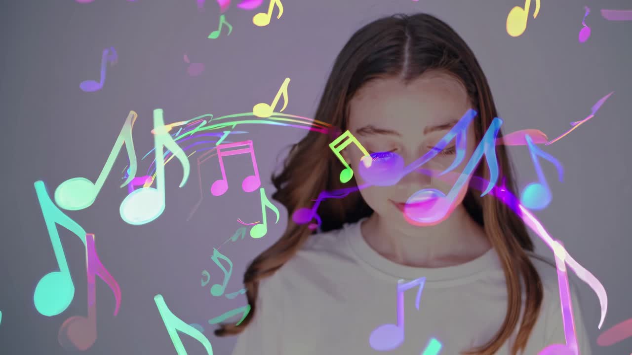 ragazza adolescente e note musicali colorate