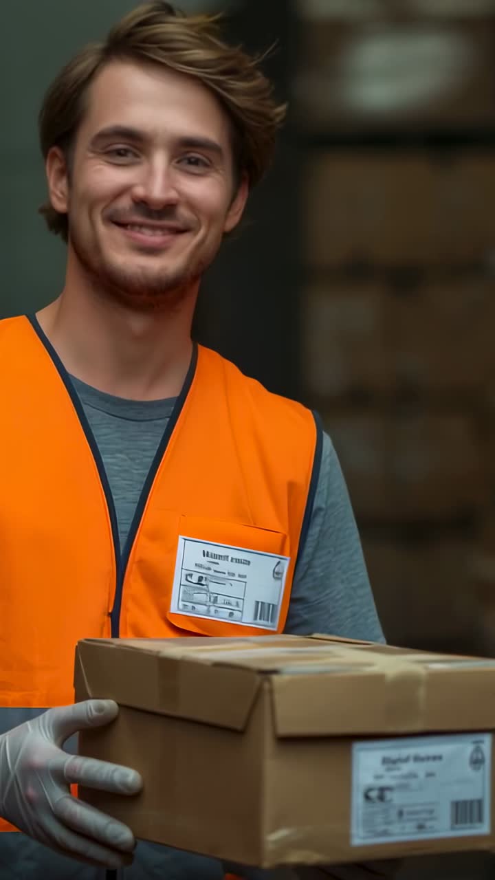 Vertical video: Grabbing box at warehouse, worker checking label for shipping in vest and gloves