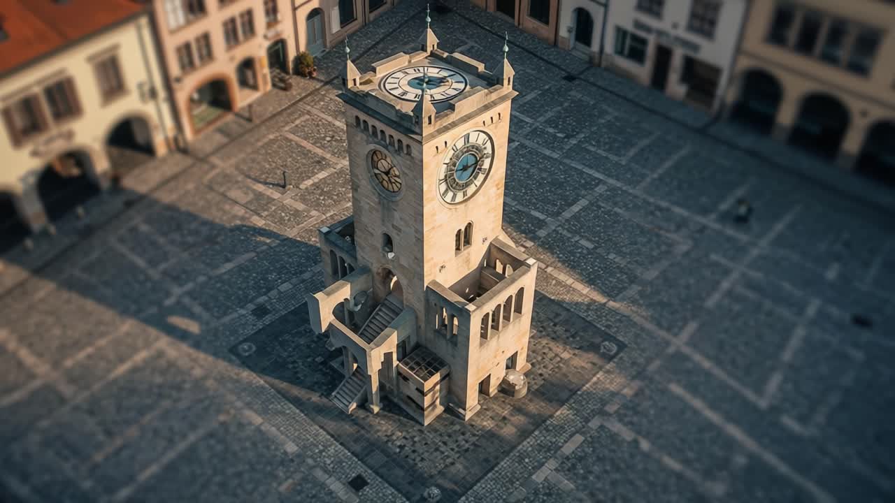 Aerial Views of a Historical Clock Tower in a Quaint European Town Square, Capturing Architectural Elegance and Daily Life Interactions in Sunlight
