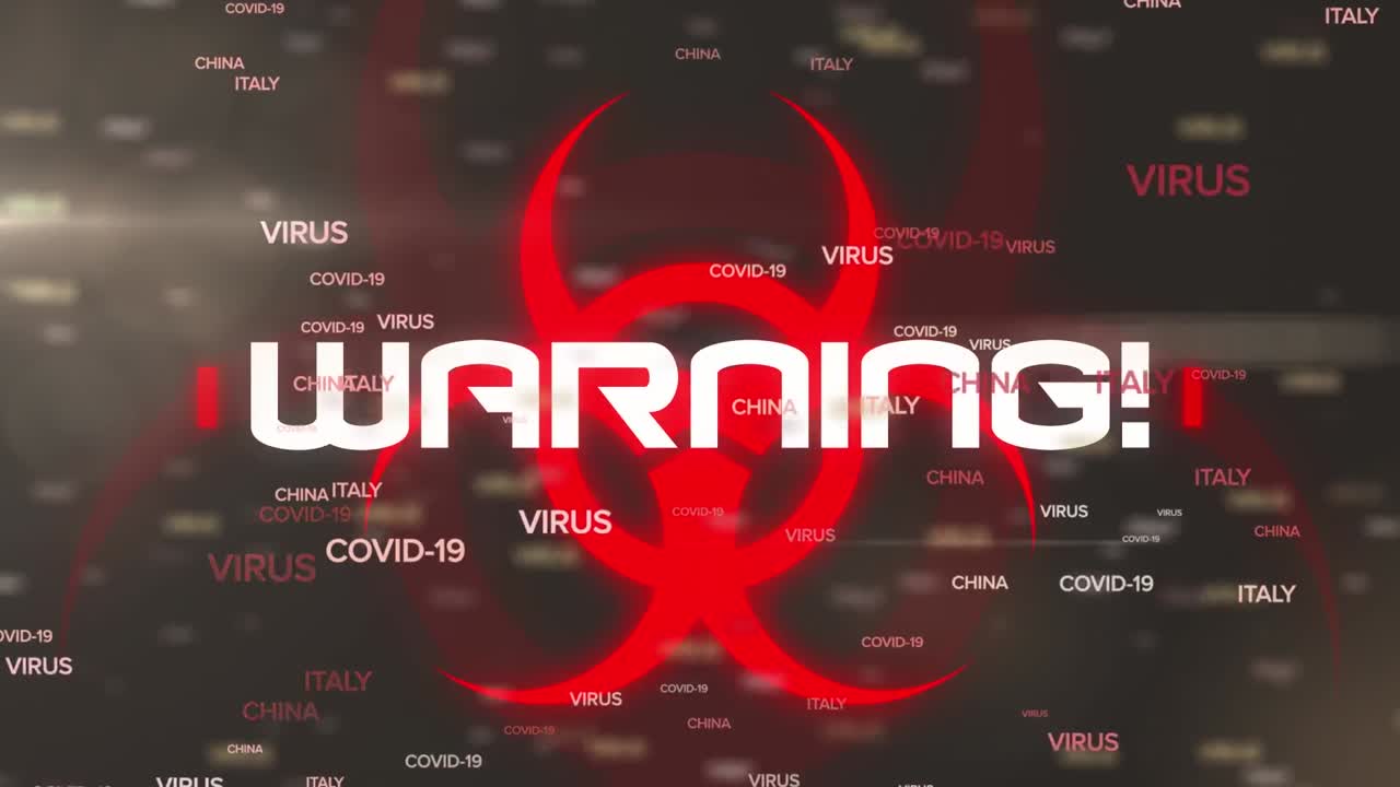 animación del texto de advertencia de covid 19 sobre un fondo negro