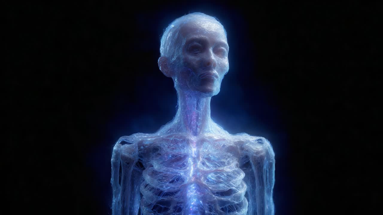 An Ethereal Representation of the Human Skeleton: Exploring the Intricate Anatomy Through a Glowing, Translucent Figure Illuminated in a Dark Environment