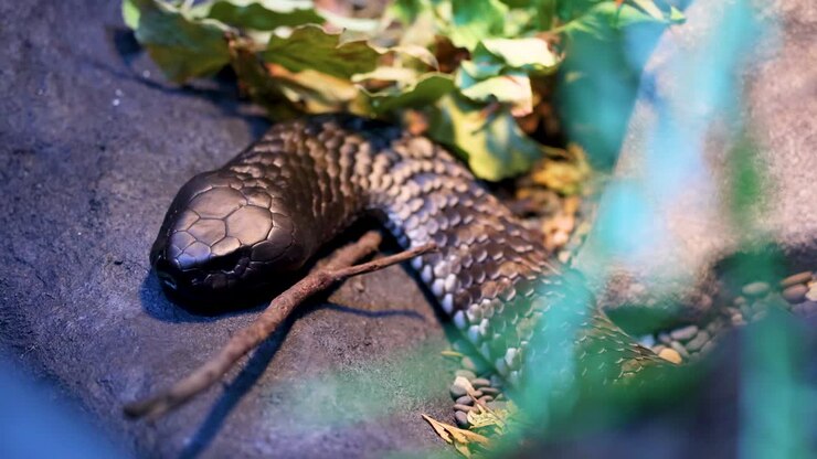 Un serpente giace immobile su terreno roccioso vicino alla vegetazione, sotto una luce intensa, in un ambiente controllato dello zoo.