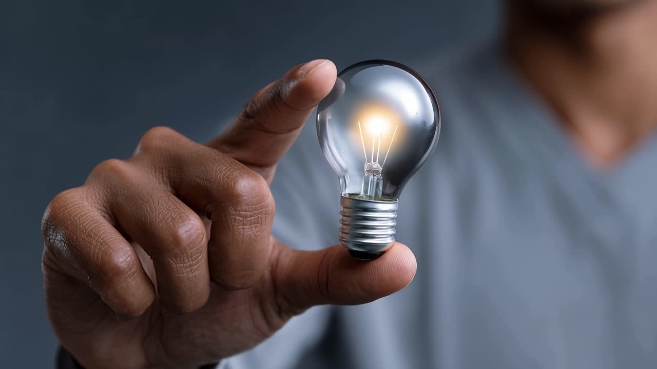 Hand holds glowing light bulb. Finger gently grips bulb's base. Warm light radiates from within. Person's face blurred, focus on bulb. Symbolizes new ideas, innovation, or insight