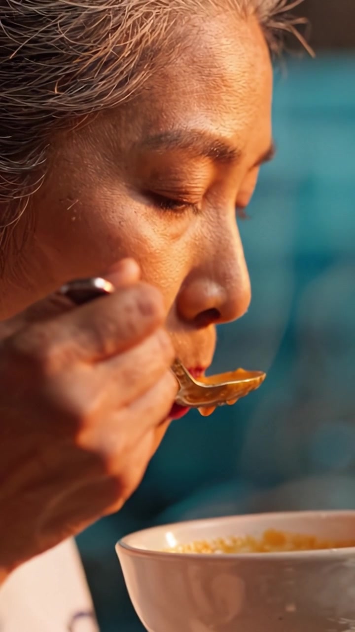 A Captivating Moment of Culinary Artistry: Close-Up Portrait of a Woman Relishing Every Bite with Poise and Elegance Under Soft Warm Lighting in the Kitchen