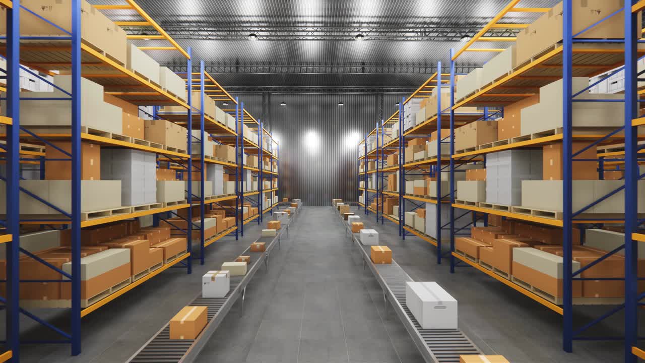 Warehouse with cardboard boxes inside on pallets racks, logistic center. Loft modern warehouse. Cardboard boxes on a conveyor belt in a warehouse, 4K 3D rendering  animation .