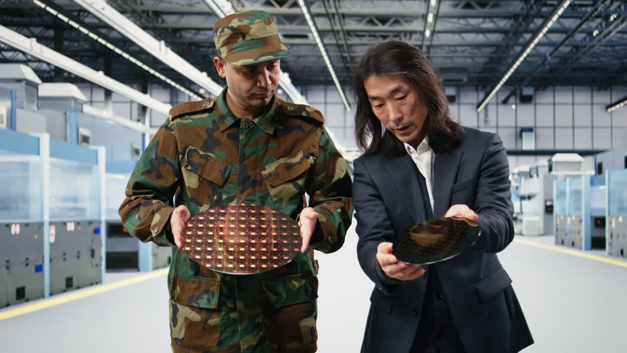 Ufficiale dell'intelligence militare che incontra un ingegnere per la produzione di microchip.