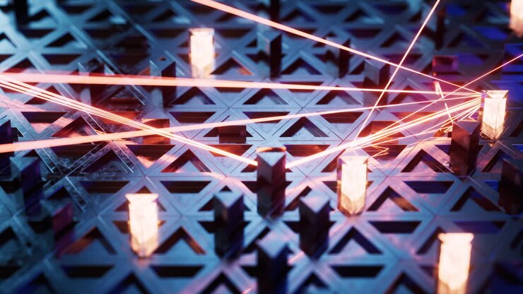 Digital circuit board with glowing neon lines, 3d rendering.
