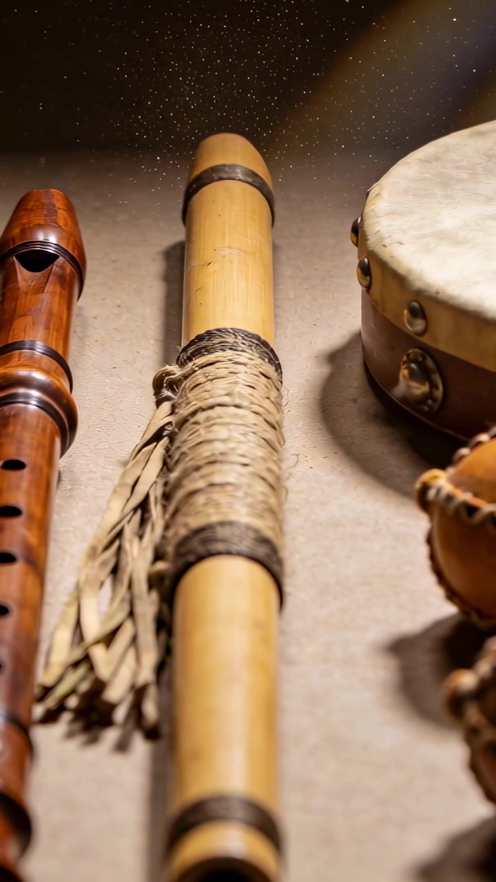 Vertical video: Shifting camera revealing woven bamboo flute on felt to show texture and dust motes