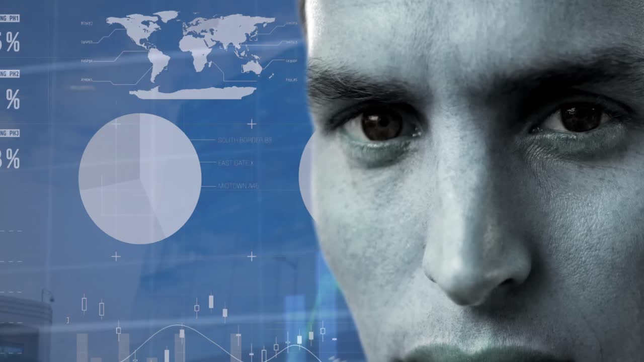 animación de las estadísticas y el procesamiento de datos financieros sobre el hombre caucásico