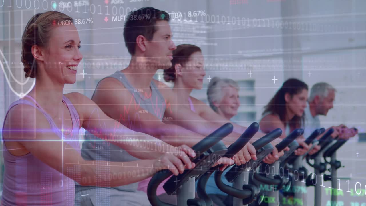 Pullback revealing row, woman in lavender top pedaling while data overlays visualizing fitness data