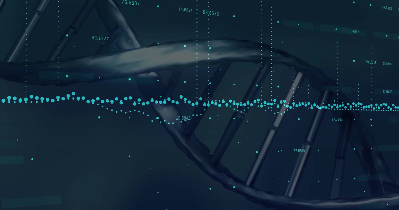At start 3D DNA helix rotating into frame while turquoise data points scrolling for gene analysis